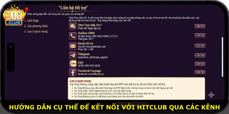 Hướng dẫn cụ thể để kết nối với Hitclub qua các kênh